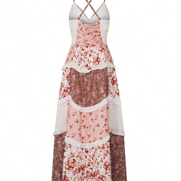 Brown Boho Women's Floral Maxi Dress with Lace Patchwork and Ruffle Details - Picture 6 of 6